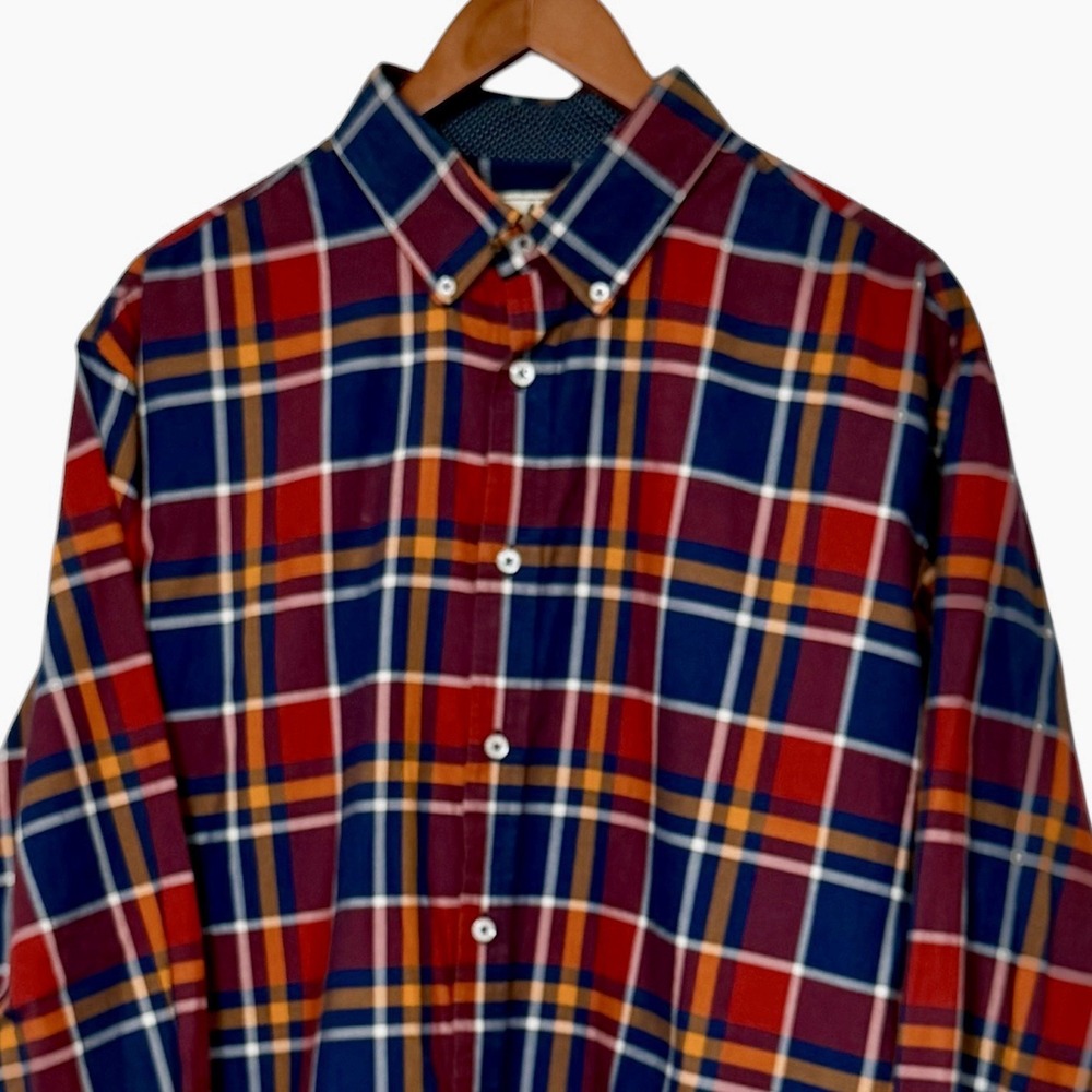 Southern Pines Mens XL Plaid Button Down Shirt Red Blue Orange Long Sleeve